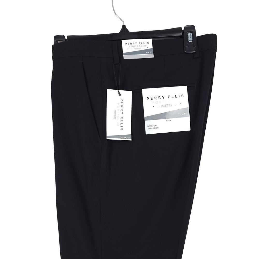 Perry Ellis Portfolio Mens Slim Fit Dress Pants 34x29 Black Solid Stretch Twill